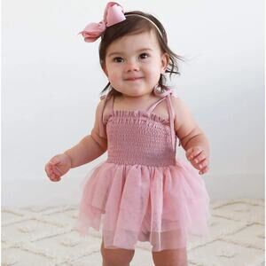 Caden Lane Smocked Tutu Bodysuit Dress in Mauve - Size 0-6 Months